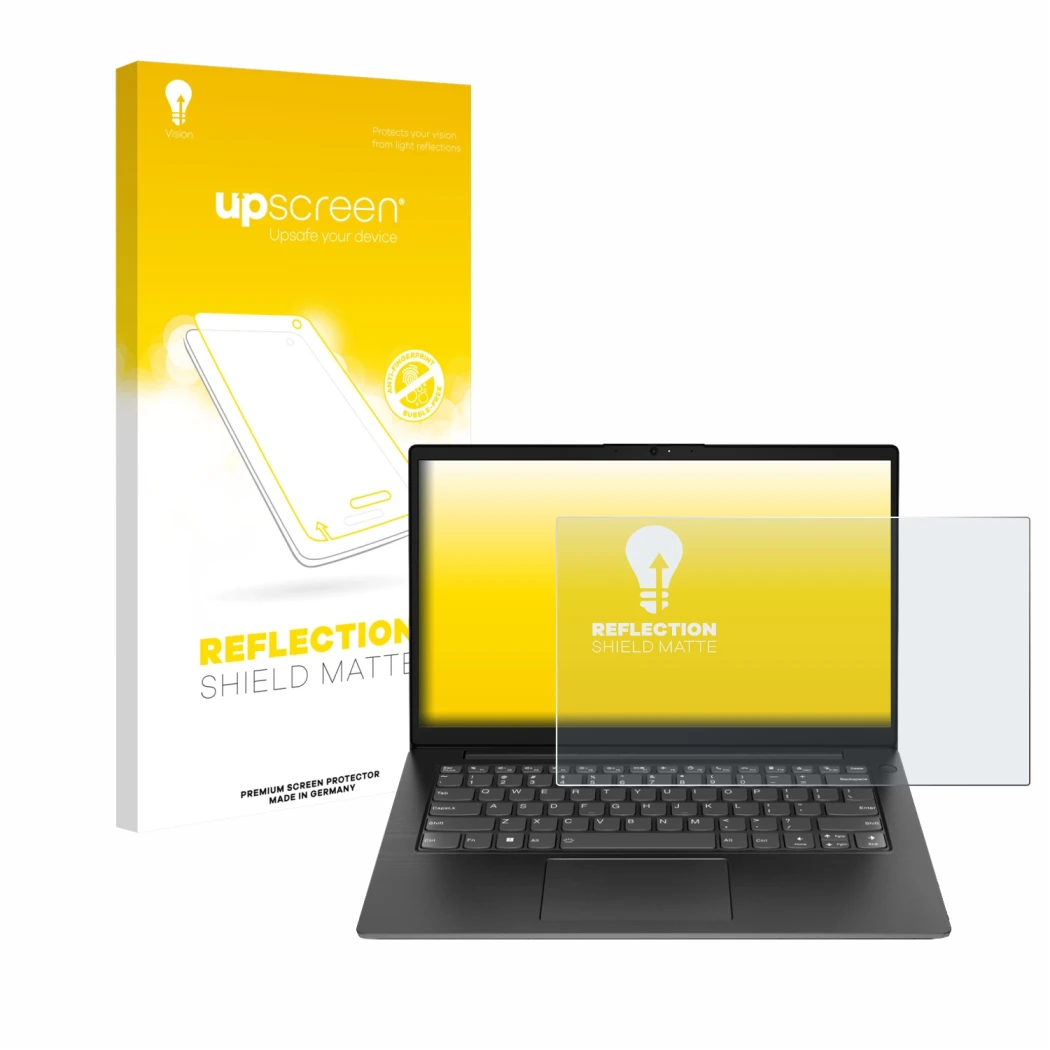 Face avant d’un emballage produit avec le logo de la marque upscreen. À côté, l’appareil Lenovo V14 Gen 3 est représenté avec