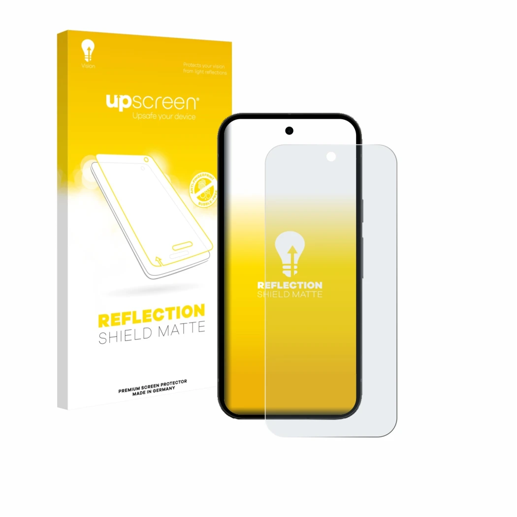 Face avant d’un emballage produit avec le logo de la marque upscreen. À côté, l’appareil Google Pixel 10a (case-friendly) est 