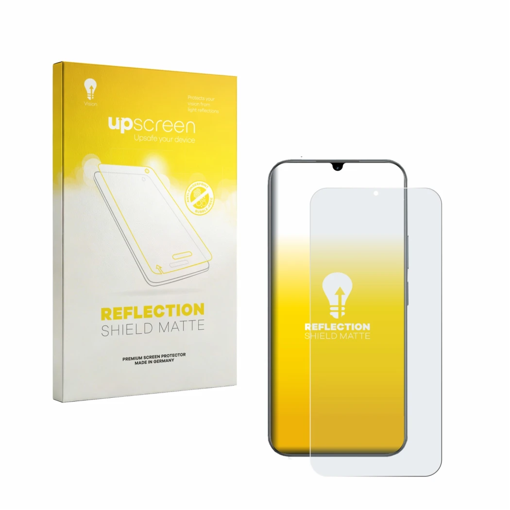 Face avant d’un emballage produit avec le logo de la marque upscreen. À côté, l’appareil realme C100 5G est représenté avec la