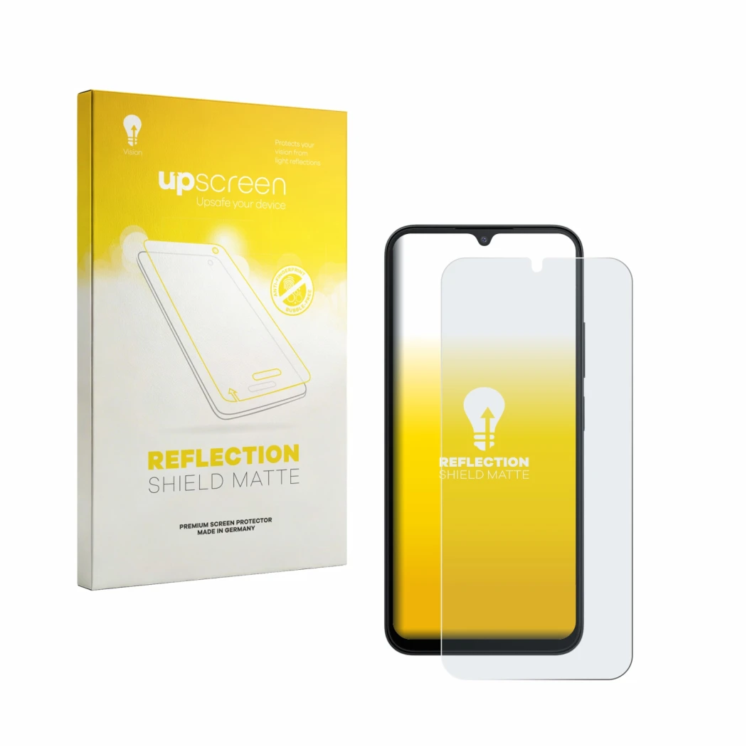 Face avant d’un emballage produit avec le logo de la marque upscreen. À côté, l’appareil Xiaomi Redmi A7 Pro est représenté av