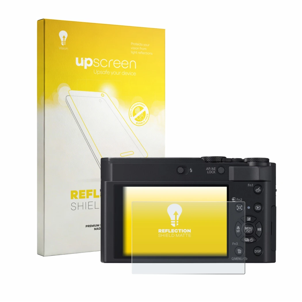 Face avant d’un emballage produit avec le logo de la marque upscreen. À côté, l’appareil Panasonic Lumix DC-TZ300 est représen