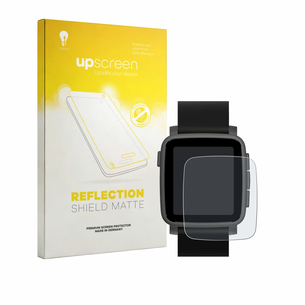 Face avant d’un emballage produit avec le logo de la marque upscreen. À côté, l’appareil Pebble Time 2 2026 est représenté ave