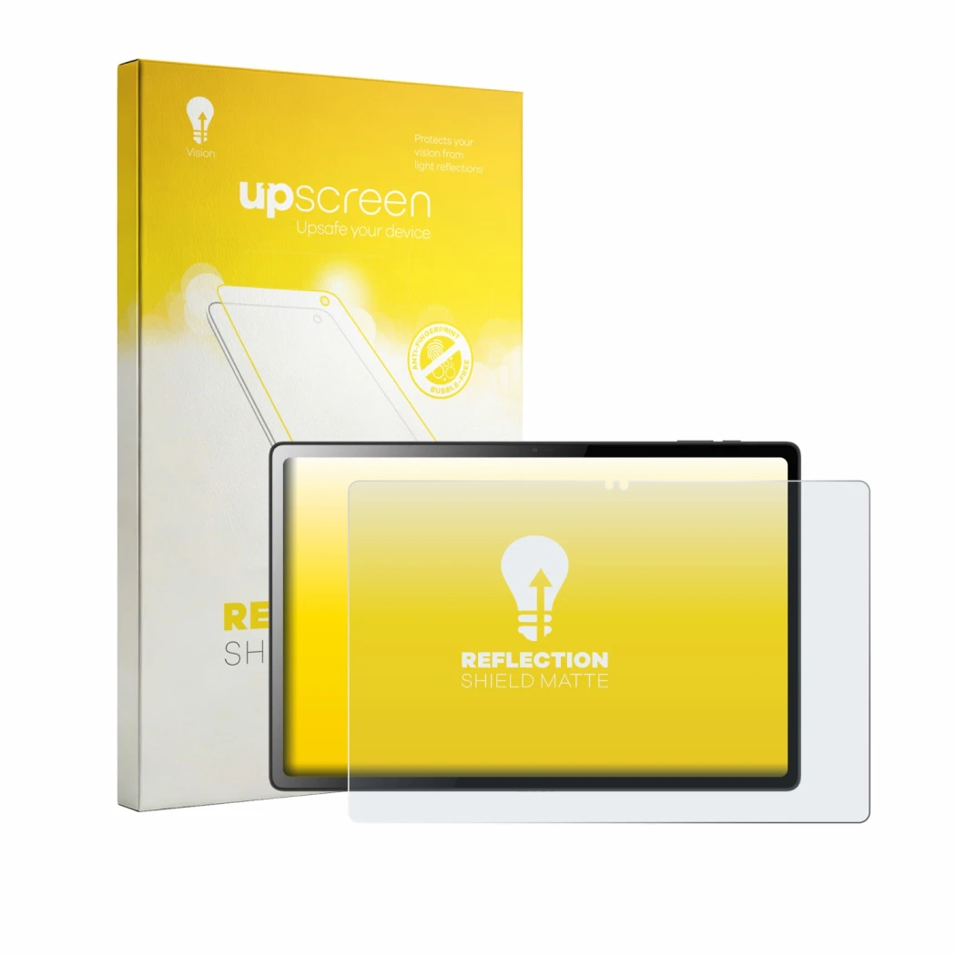 Face avant d’un emballage produit avec le logo de la marque upscreen. À côté, l’appareil Logicom Tab XL 14 est représenté avec