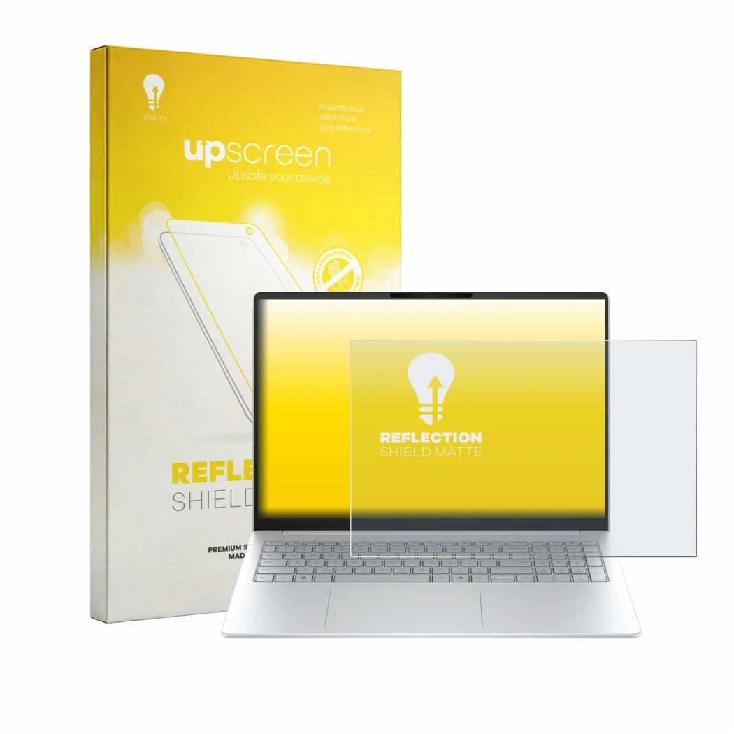 Face avant d’un emballage produit avec le logo de la marque upscreen. À côté, l’appareil HP OmniBook 3 16 16-bw0750ng est repr