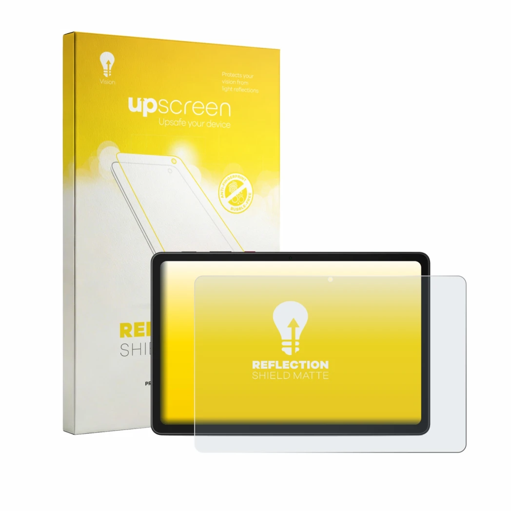 Face avant d’un emballage produit avec le logo de la marque upscreen. À côté, l’appareil Lenovo ThinkTab X11 Gen 1 est représe