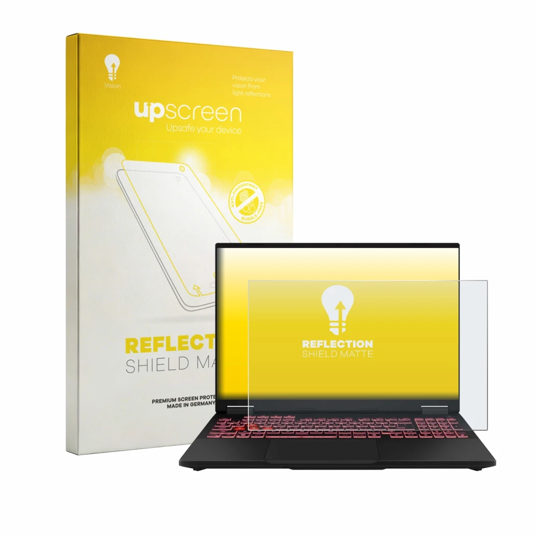 Face avant d’un emballage produit avec le logo de la marque upscreen. À côté, l’appareil ASUS TUF Gaming F16 FX608 est représe