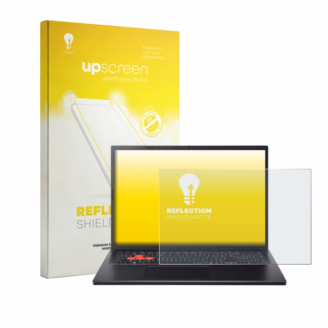 Face avant d’un emballage produit avec le logo de la marque upscreen. À côté, l’appareil Acer Nitro Lite 16 NL16-71G est repré