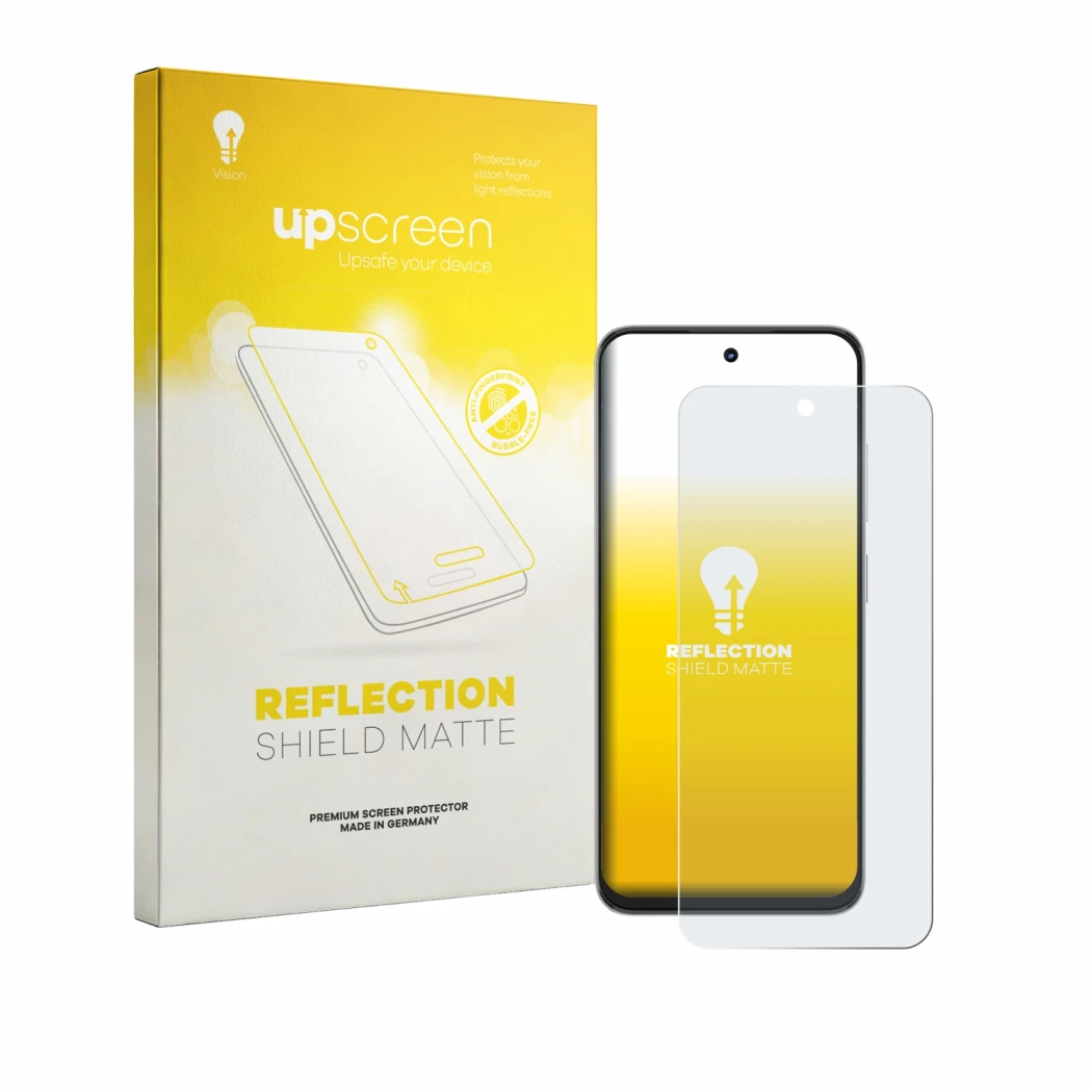 Face avant d’un emballage produit avec le logo de la marque upscreen. À côté, l’appareil ZTE Nubia Focus 2 est représenté avec