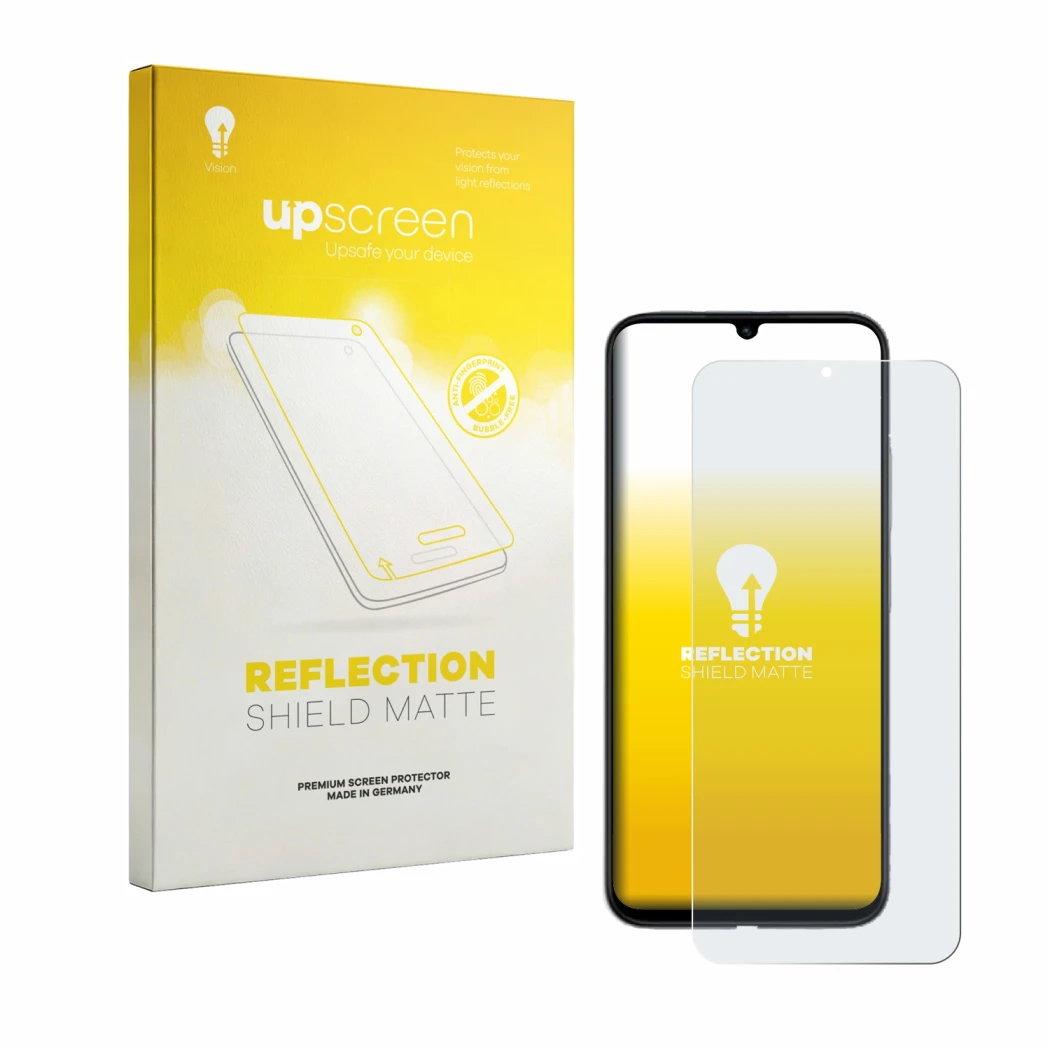 Face avant d’un emballage produit avec le logo de la marque upscreen. À côté, l’appareil Xiaomi Redmi R70m 5G est représenté a