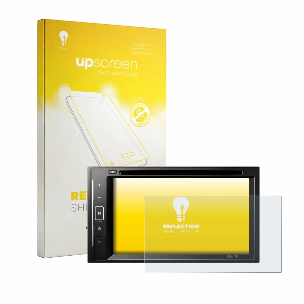 Face avant d’un emballage produit avec le logo de la marque upscreen. À côté, l’appareil Pioneer DMH-A240DAB est représenté av