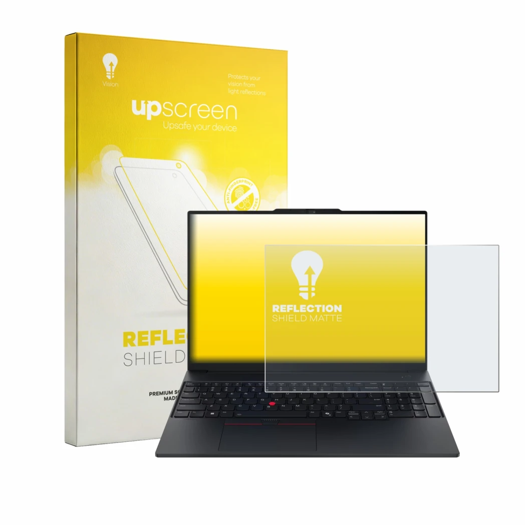 Face avant d’un emballage produit avec le logo de la marque upscreen. À côté, l’appareil Lenovo ThinkPad E16 Gen 4 est représe