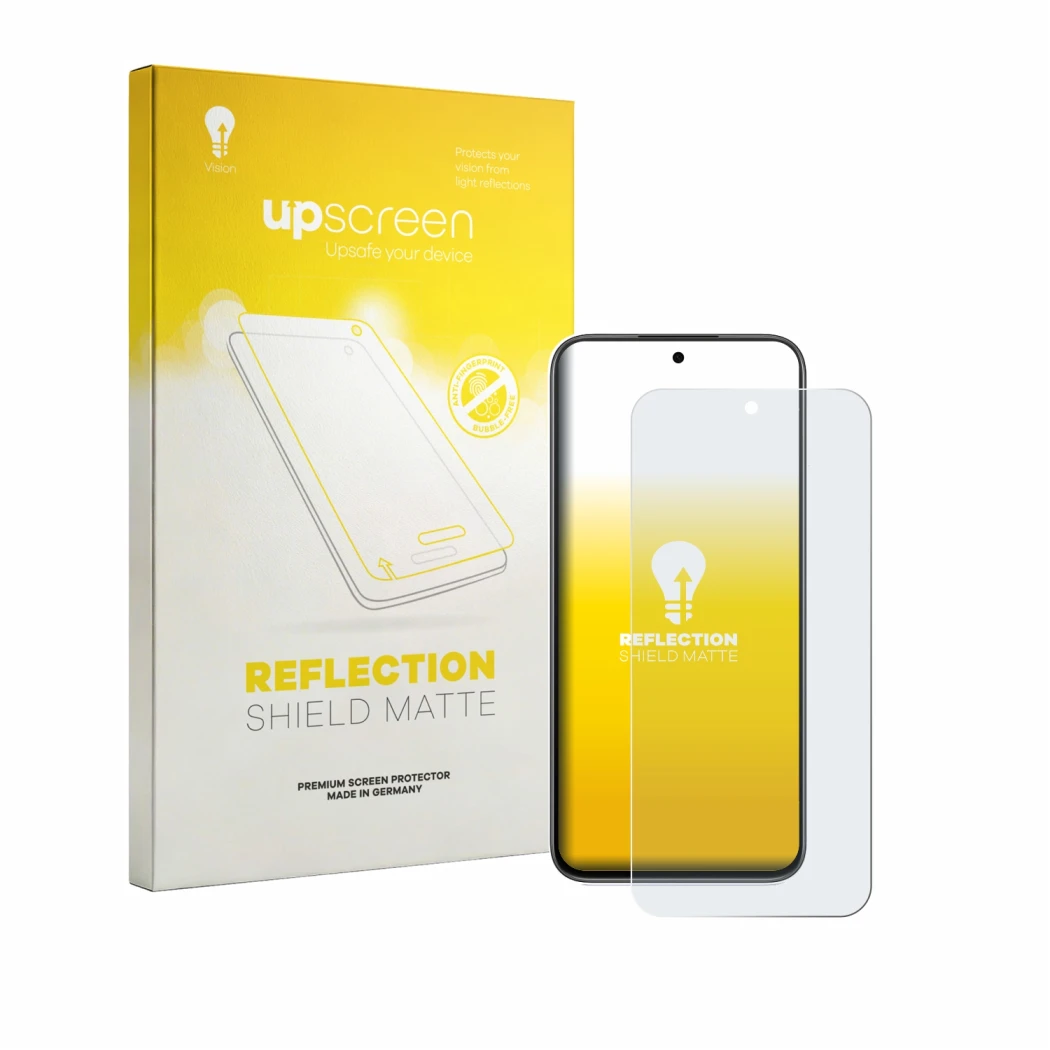 Face avant d’un emballage produit avec le logo de la marque upscreen. À côté, l’appareil Oppo K14 est représenté avec la prote