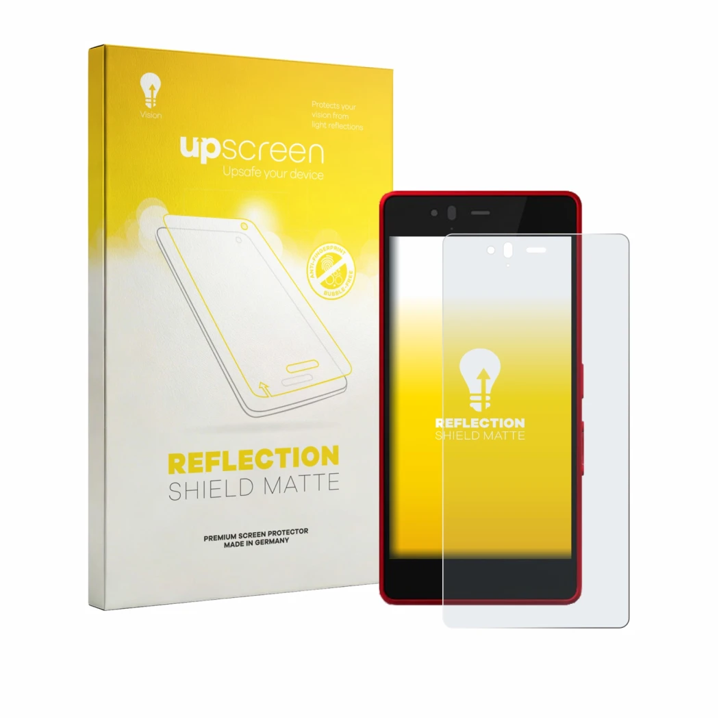 Face avant d’un emballage produit avec le logo de la marque upscreen. À côté, l’appareil Fujitsu Arrows M04 est représenté ave