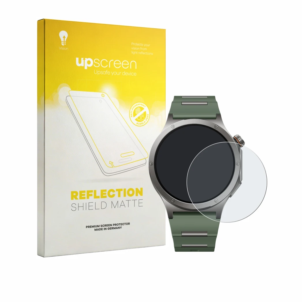 Face avant d’un emballage produit avec le logo de la marque upscreen. À côté, l’appareil OnePlus Watch 4 est représenté avec l