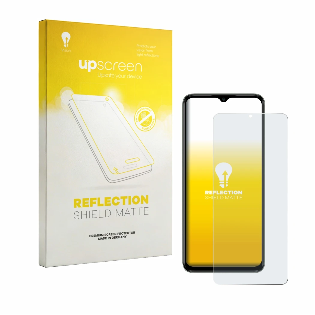 Face avant d’un emballage produit avec le logo de la marque upscreen. À côté, l’appareil Itel Zeno 100 est représenté avec la