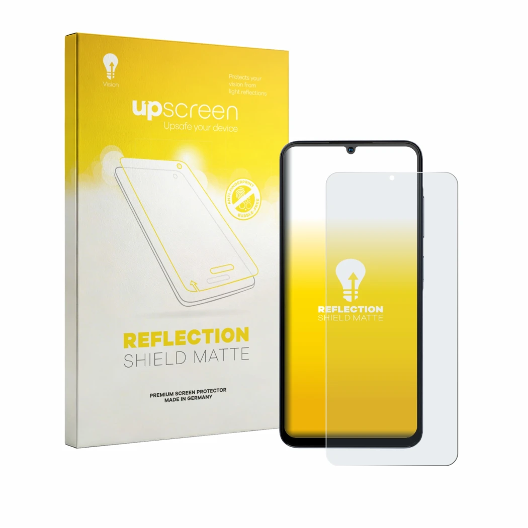 Face avant d’un emballage produit avec le logo de la marque upscreen. À côté, l’appareil Hotwav A56 est représenté avec la pro