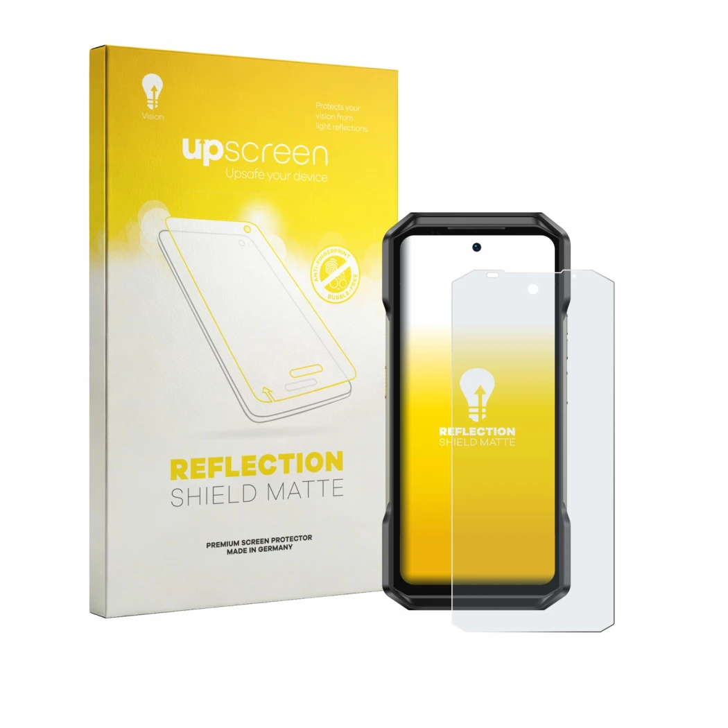 Face avant d’un emballage produit avec le logo de la marque upscreen. À côté, l’appareil Ulefone Armor 27T Pro Plus est représ