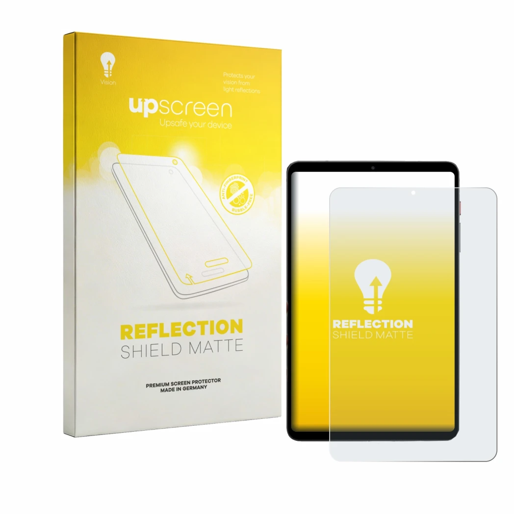 Face avant d’un emballage produit avec le logo de la marque upscreen. À côté, l’appareil BNCF BPad T1 est représenté avec la p