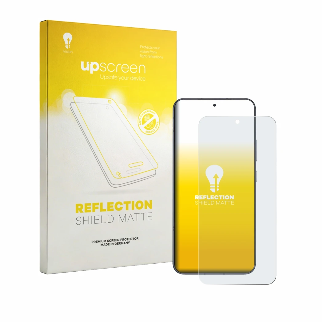 Face avant d’un emballage produit avec le logo de la marque upscreen. À côté, l’appareil Honor Power 2 est représenté avec la 