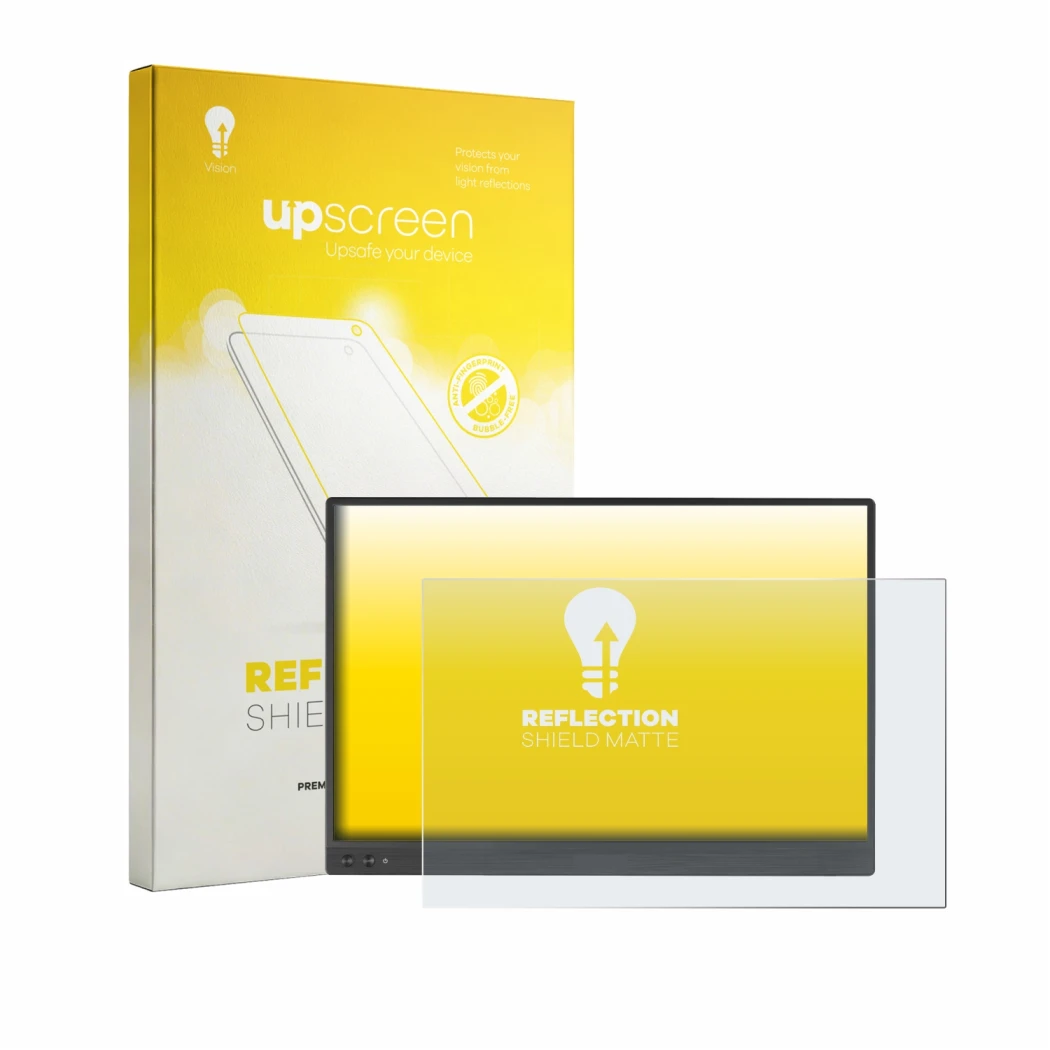 Face avant d’un emballage produit avec le logo de la marque upscreen. À côté, l’appareil ASUS ZenScreen MB16NCG est représenté