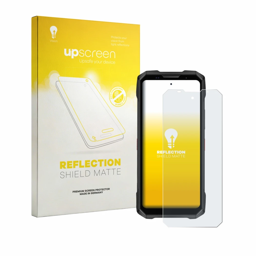 Face avant d’un emballage produit avec le logo de la marque upscreen. À côté, l’appareil Doogee V Max 2 Pro est représenté ave