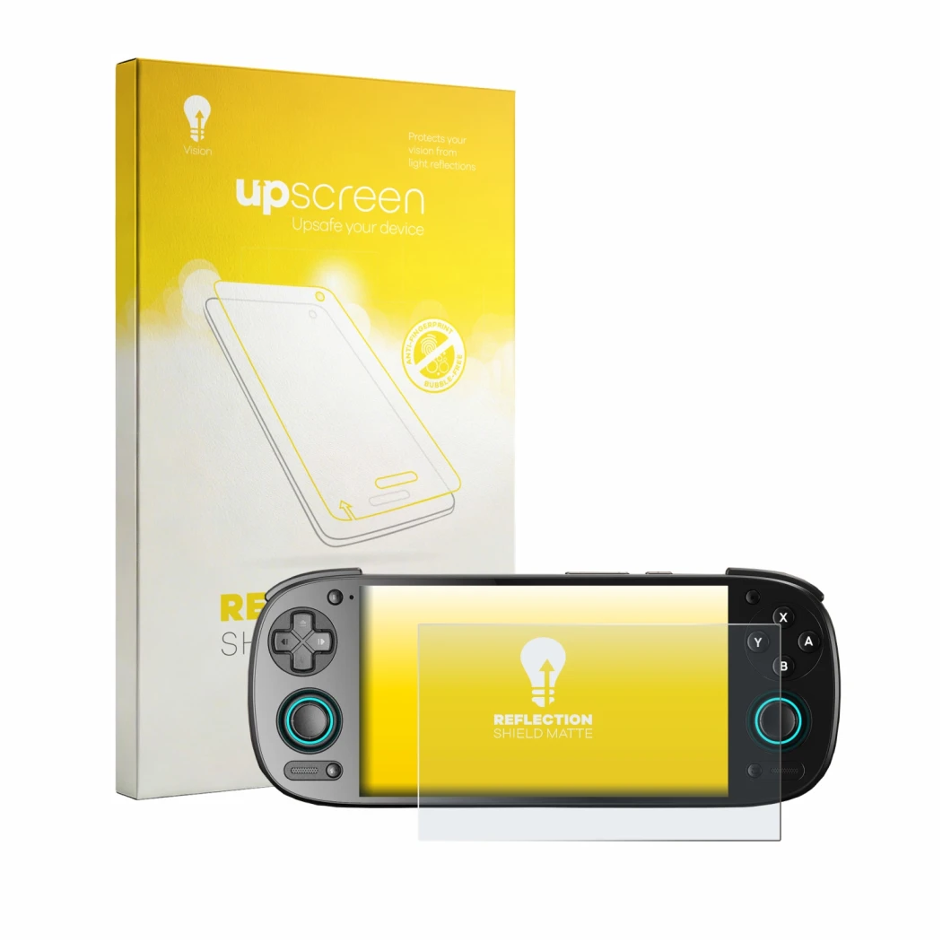 Face avant d’un emballage produit avec le logo de la marque upscreen. À côté, l’appareil Retroid Pocket 5 est représenté avec 