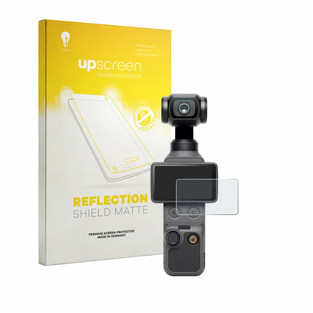 Face avant d’un emballage produit avec le logo de la marque upscreen. À côté, l’appareil DJI Osmo Pocket 4 est représenté avec