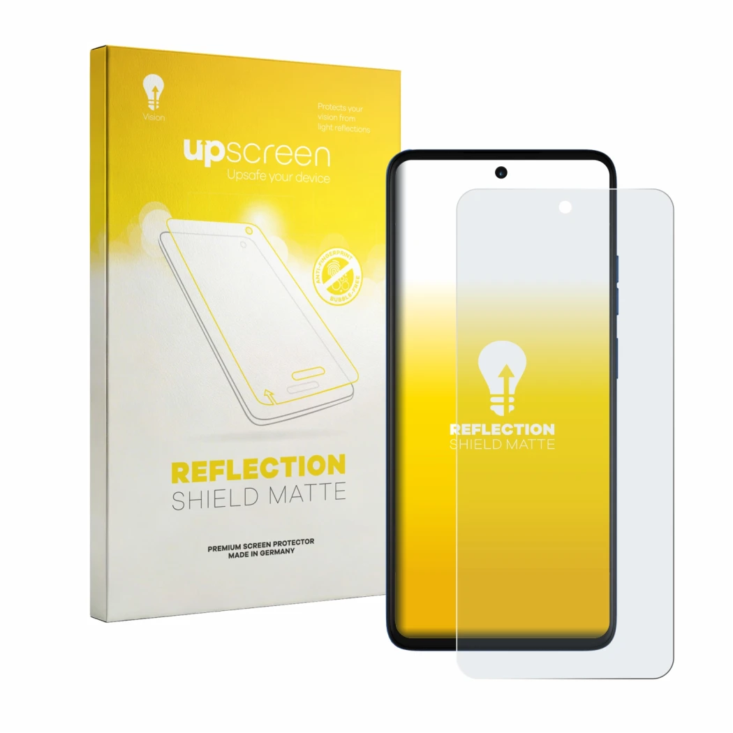Face avant d’un emballage produit avec le logo de la marque upscreen. À côté, l’appareil Motorola Moto G57 est représenté avec