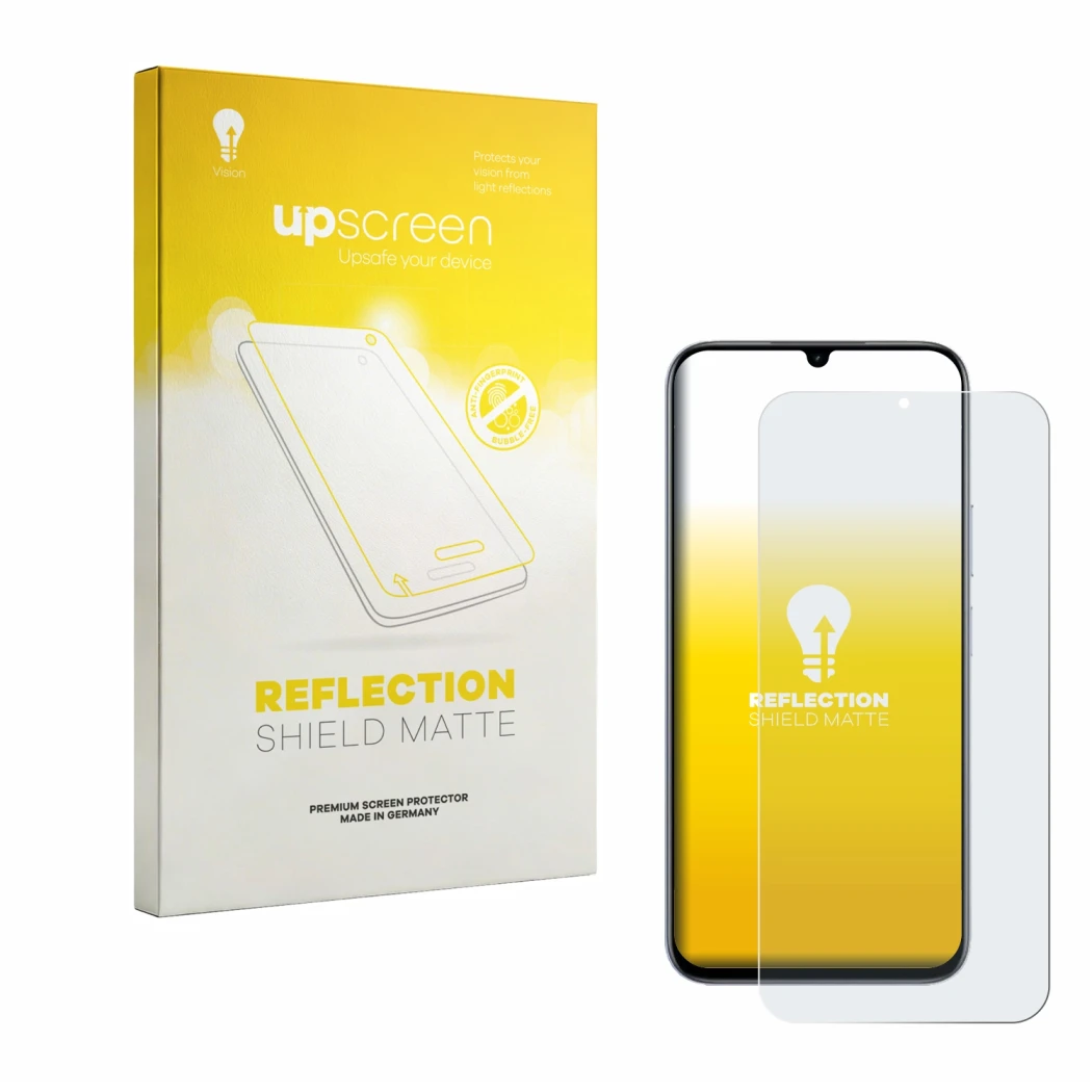Face avant d’un emballage produit avec le logo de la marque upscreen. À côté, l’appareil realme C100 4G est représenté avec la