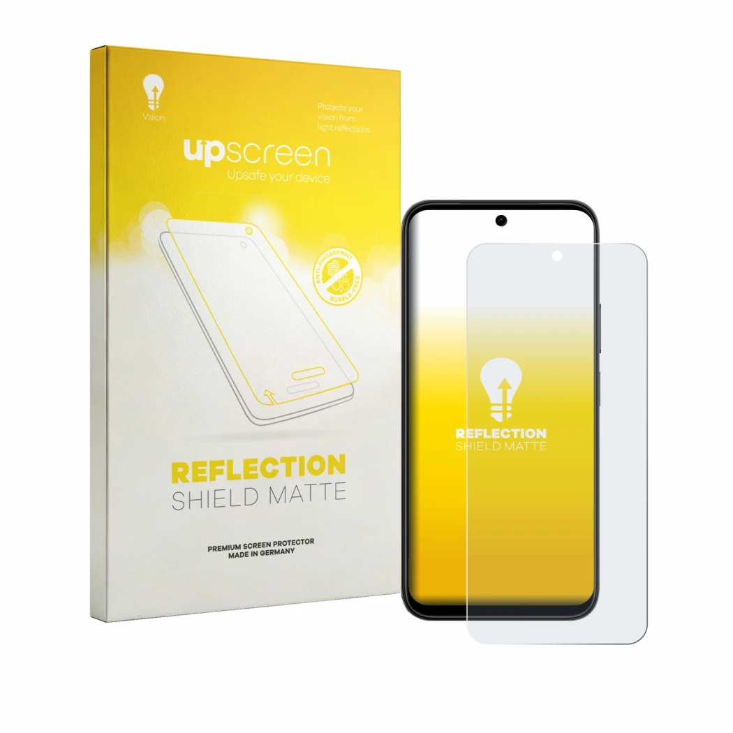 Face avant d’un emballage produit avec le logo de la marque upscreen. À côté, l’appareil Vivo Y51 Pro 5G est représenté avec l
