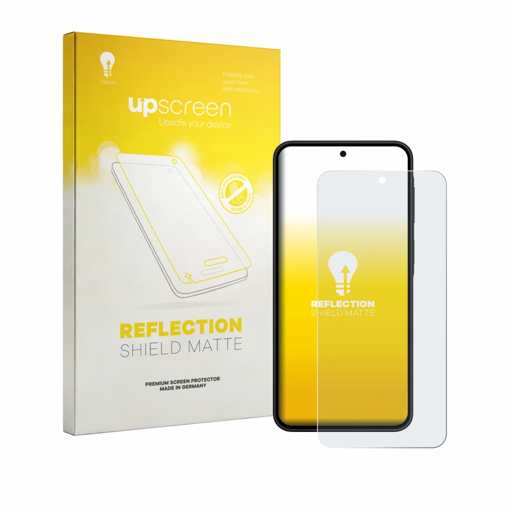 Face avant d’un emballage produit avec le logo de la marque upscreen. À côté, l’appareil Samsung Galaxy A27 5G est représenté