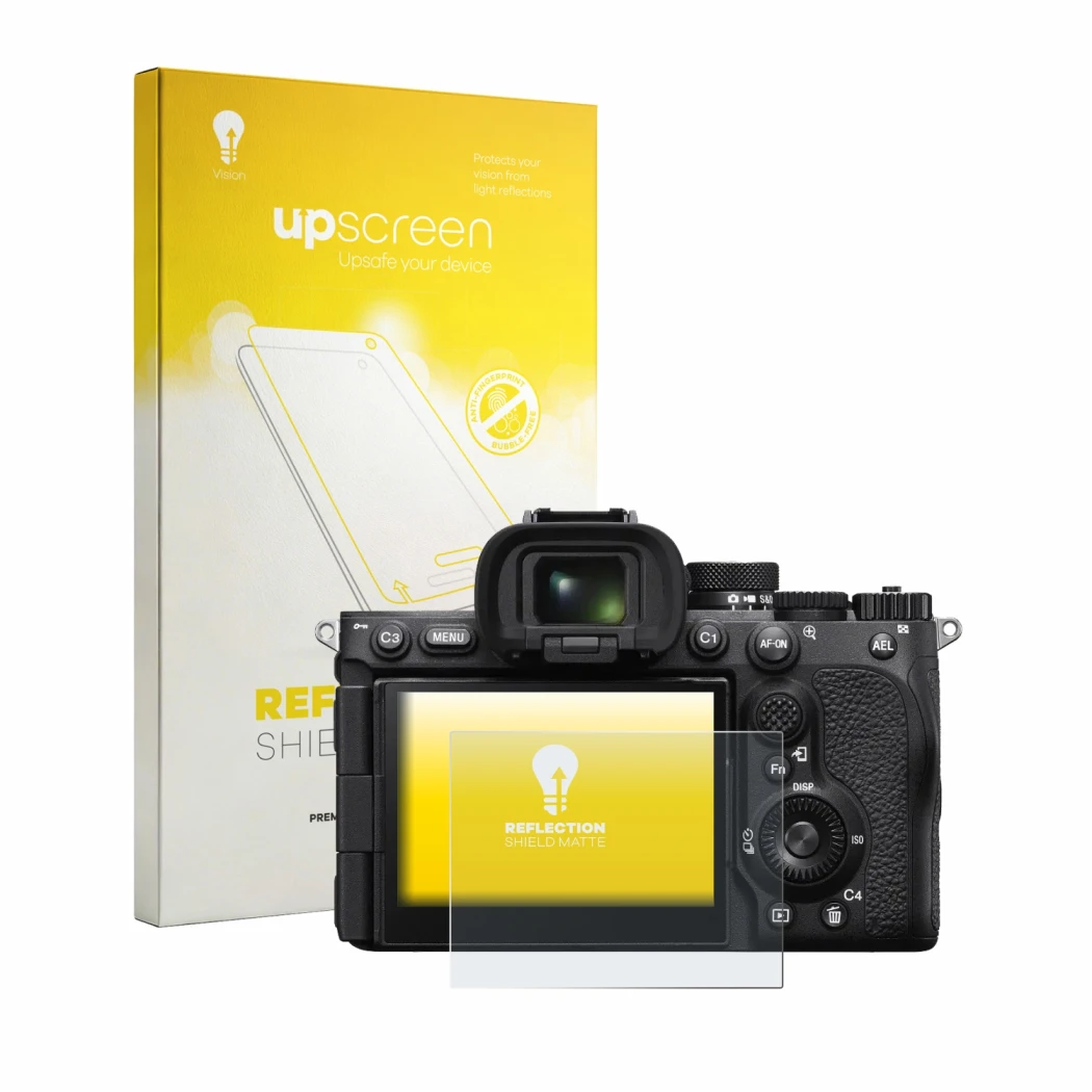 Face avant d’un emballage produit avec le logo de la marque upscreen. À côté, l’appareil Sony Alpha 7R VI est représenté avec 