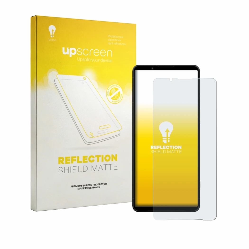 Face avant d’un emballage produit avec le logo de la marque upscreen. À côté, l’appareil Sony Xperia 1 VIII est représenté ave