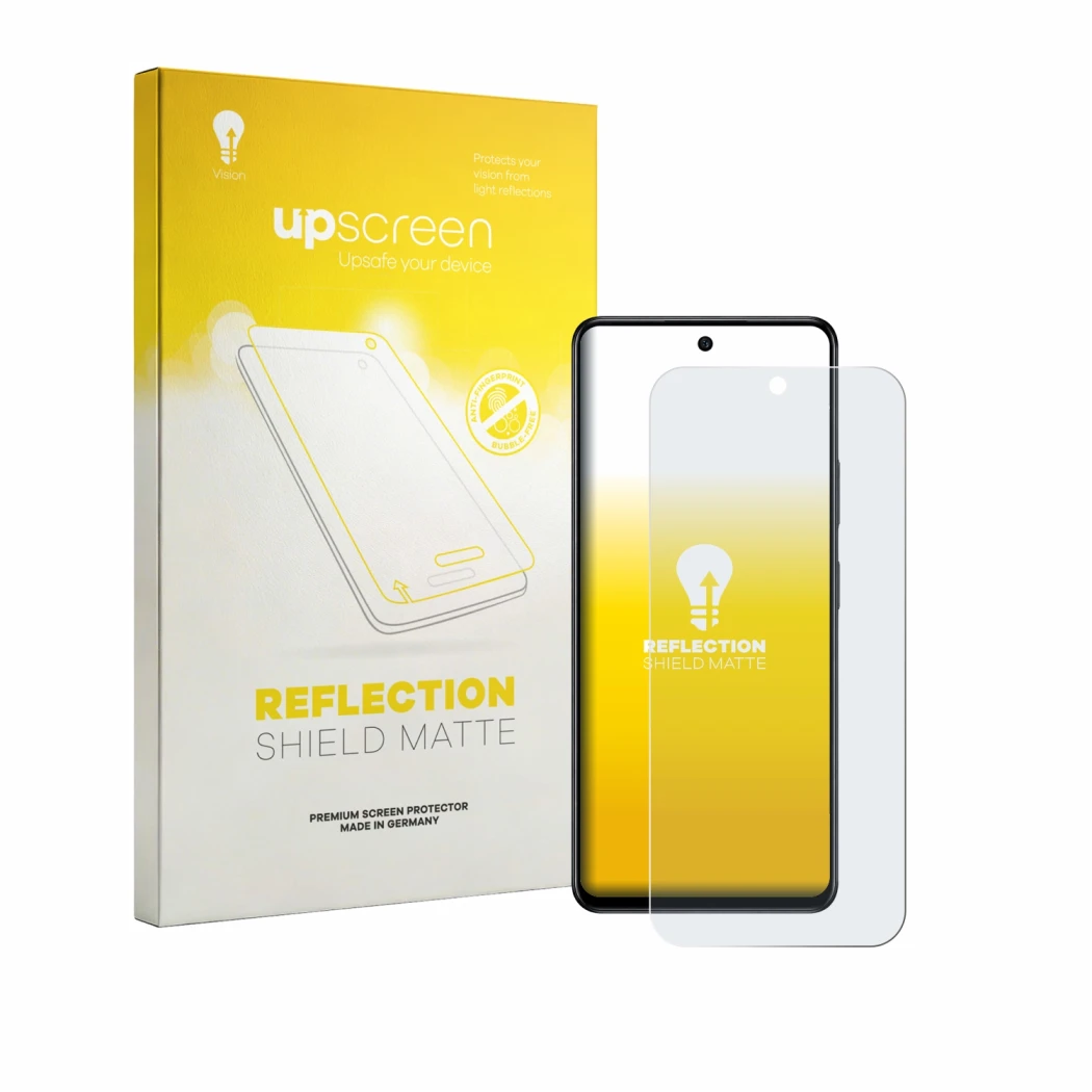 Face avant d’un emballage produit avec le logo de la marque upscreen. À côté, l’appareil Infinix Hot 70 est représenté avec la