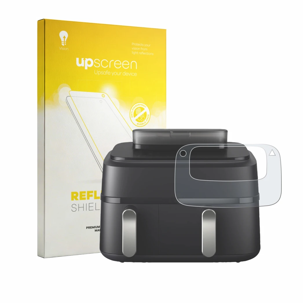 Face avant d’un emballage produit avec le logo de la marque upscreen. À côté, l’appareil Philips Airfryer 5000 Series NA551/00