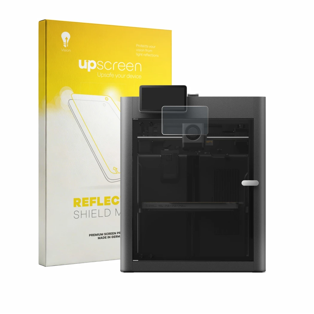 Face avant d’un emballage produit avec le logo de la marque upscreen. À côté, l’appareil Bambu Lab X2D est représenté avec la