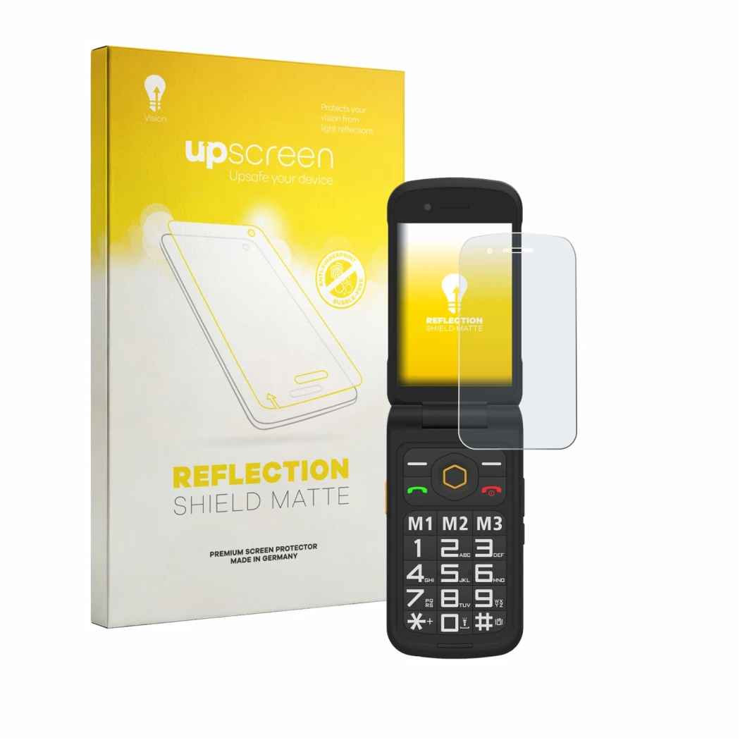 Face avant d’un emballage produit avec le logo de la marque upscreen. À côté, l’appareil AGM M8 FLIP est représenté avec la pr
