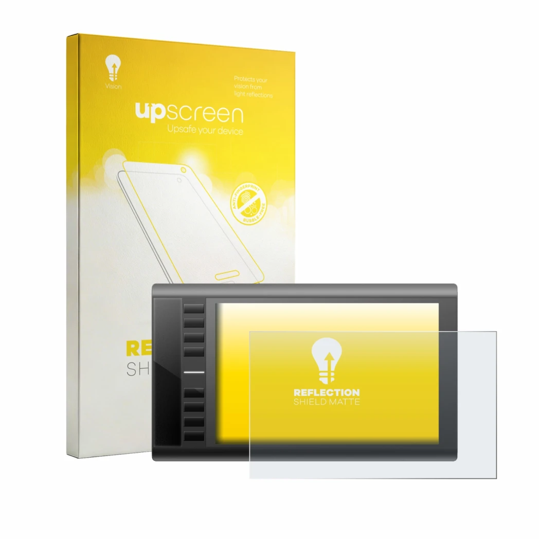 Face avant d’un emballage produit avec le logo de la marque upscreen. À côté, l’appareil Ugee M708 est représenté avec la prot