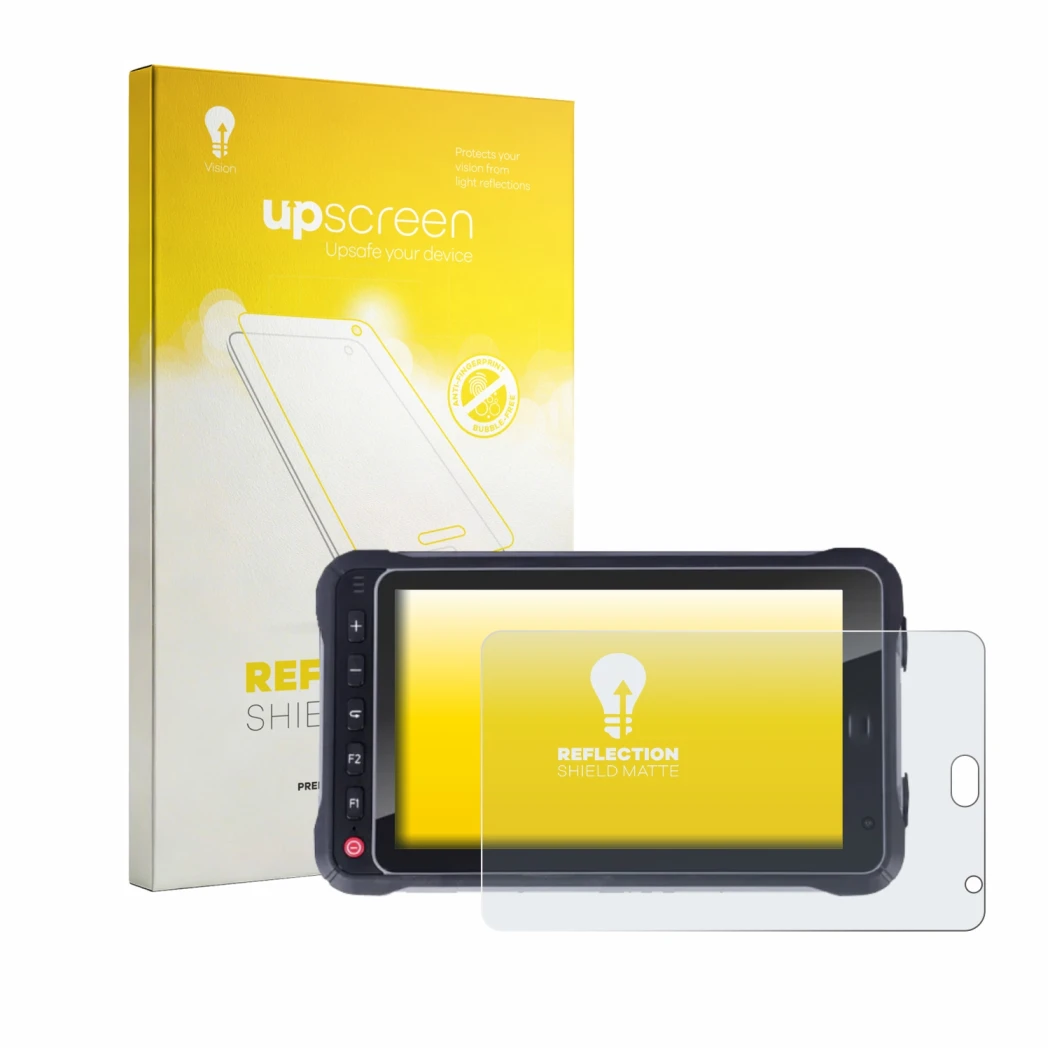 Face avant d’un emballage produit avec le logo de la marque upscreen. À côté, l’appareil Hugerock X72 est représenté avec la p
