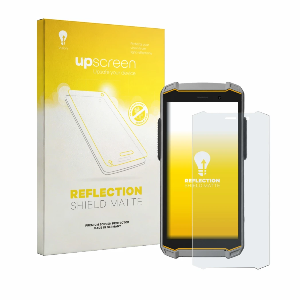 Face avant d’un emballage produit avec le logo de la marque upscreen. À côté, l’appareil i.safe MOBILE IS540.M1 est représenté