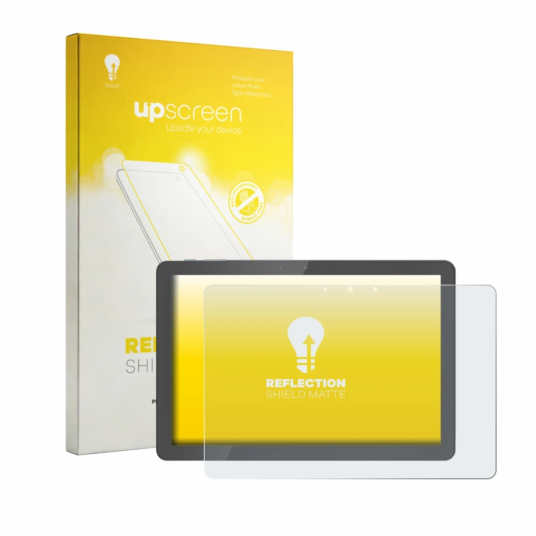 Face avant d’un emballage produit avec le logo de la marque upscreen. À côté, l’appareil Awow Aibook 11 est représenté avec la