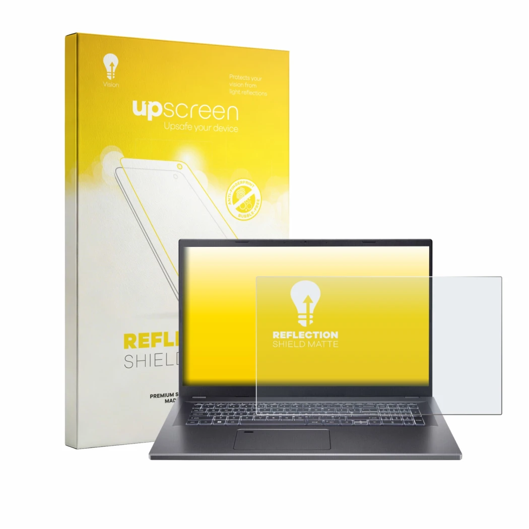 Face avant d’un emballage produit avec le logo de la marque upscreen. À côté, l’appareil Acer Aspire 17 A17-51 est représenté
