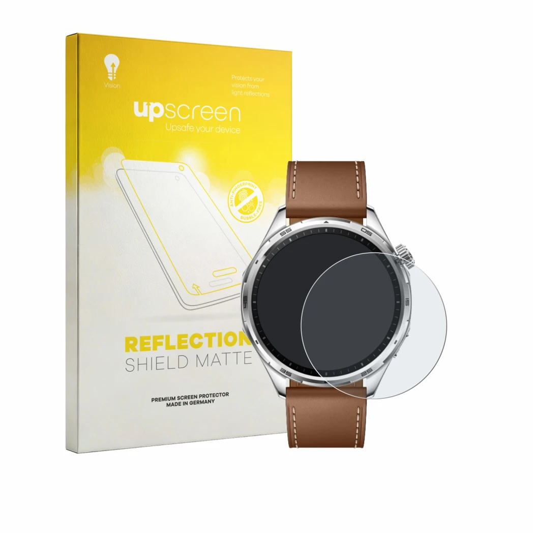 Face avant d’un emballage produit avec le logo de la marque upscreen. À côté, l’appareil Honor Watch 6 est représenté avec la