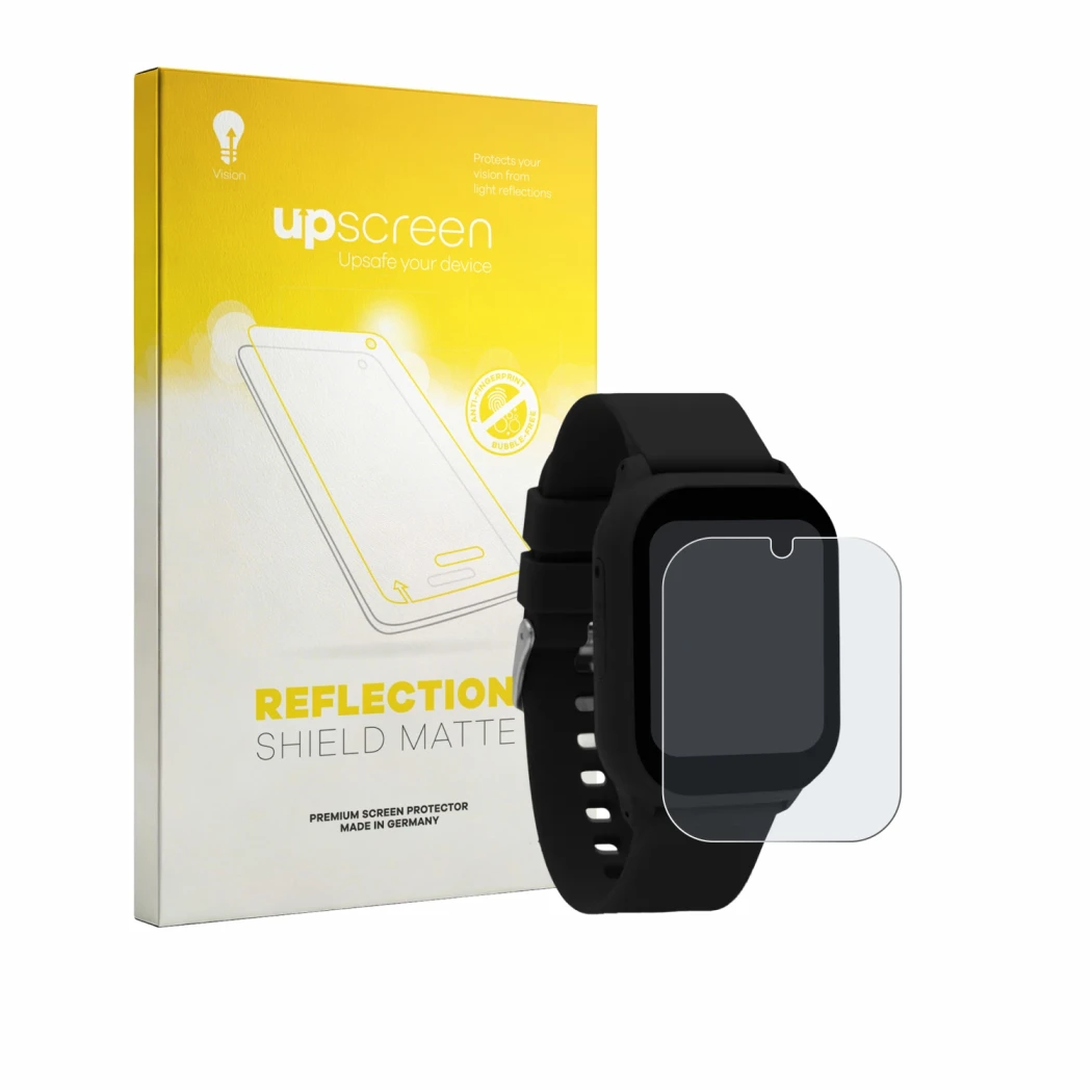 Face avant d’un emballage produit avec le logo de la marque upscreen. À côté, l’appareil One2Track Connect You est représenté