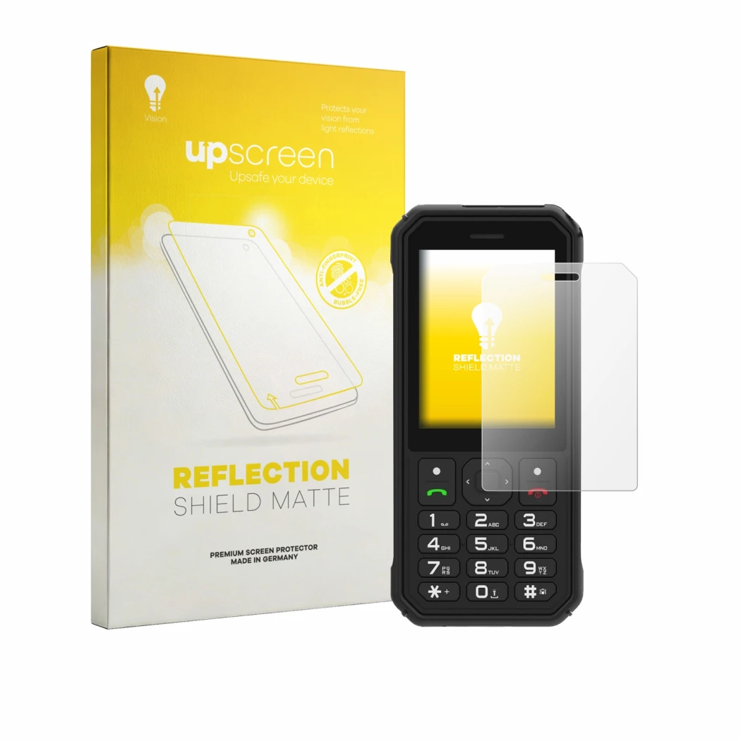 Face avant d’un emballage produit avec le logo de la marque upscreen. À côté, l’appareil AGM M11 est représenté avec la protec