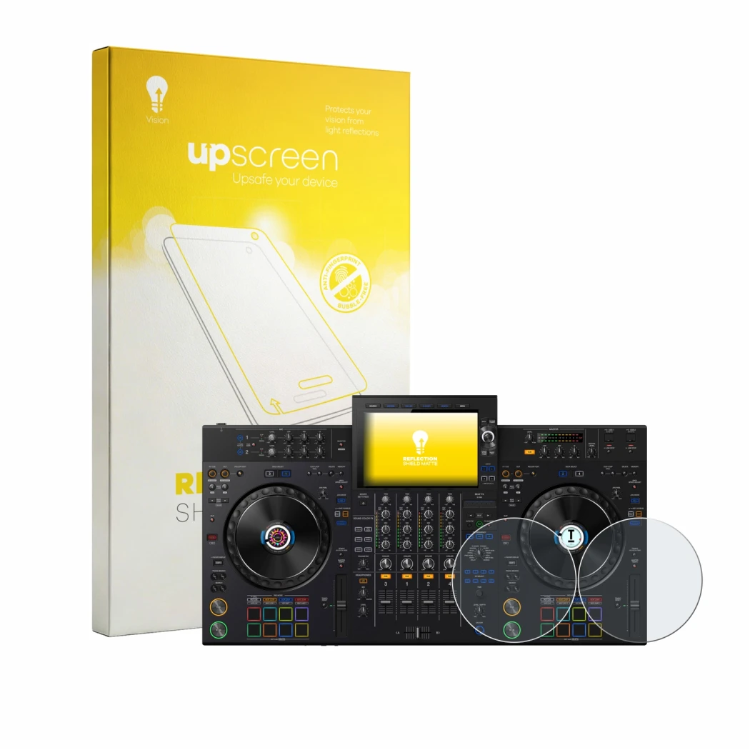Face avant d’un emballage produit avec le logo de la marque upscreen. À côté, l’appareil AlphaTheta XDJ-AZ (Jog) est représent