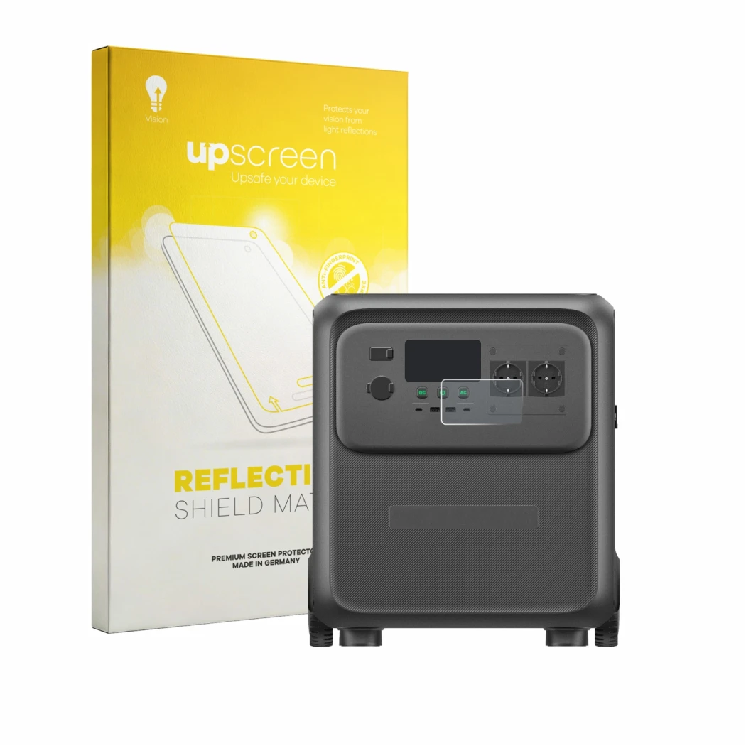Face avant d’un emballage produit avec le logo de la marque upscreen. À côté, l’appareil Bluetti Elite 400 est représenté avec