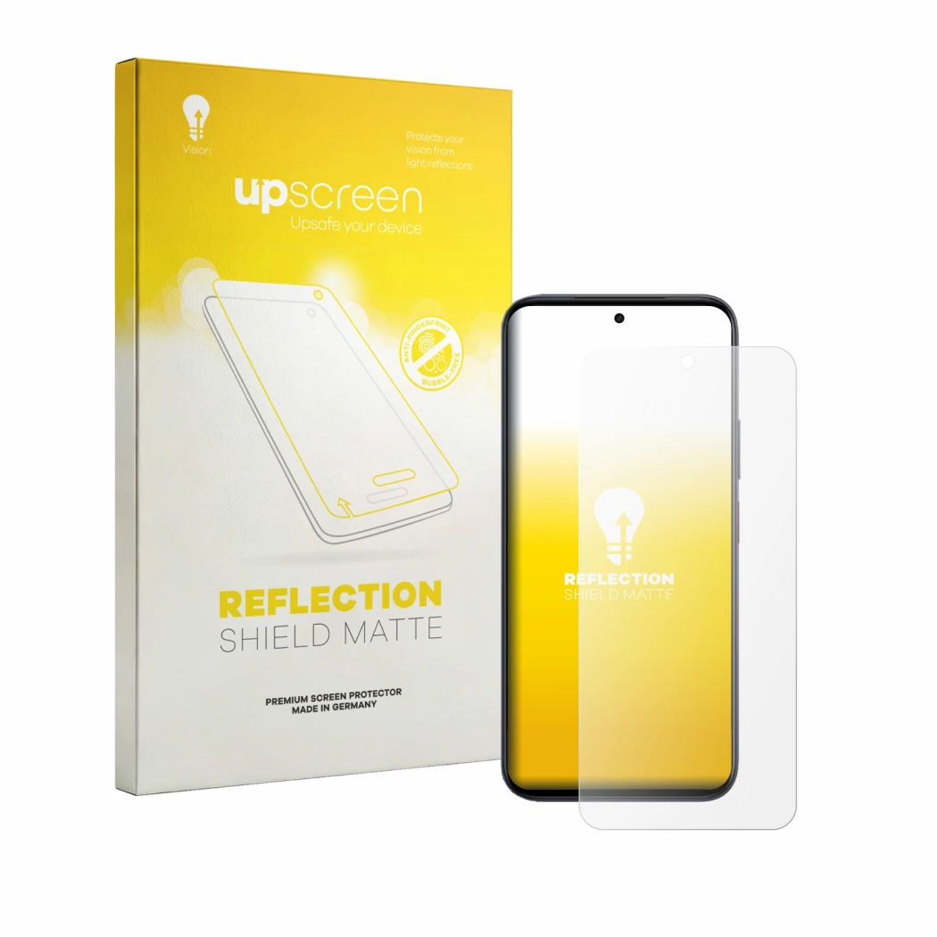 Face avant d’un emballage produit avec le logo de la marque upscreen. À côté, l’appareil Vivo Y6a est représenté avec la prote