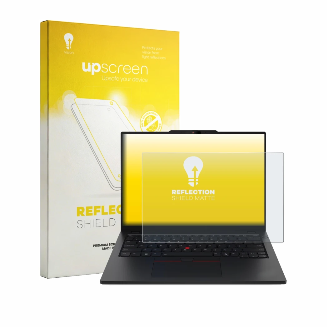 Face avant d’un emballage produit avec le logo de la marque upscreen. À côté, l’appareil Lenovo ThinkPad L13 Gen 7 est représe
