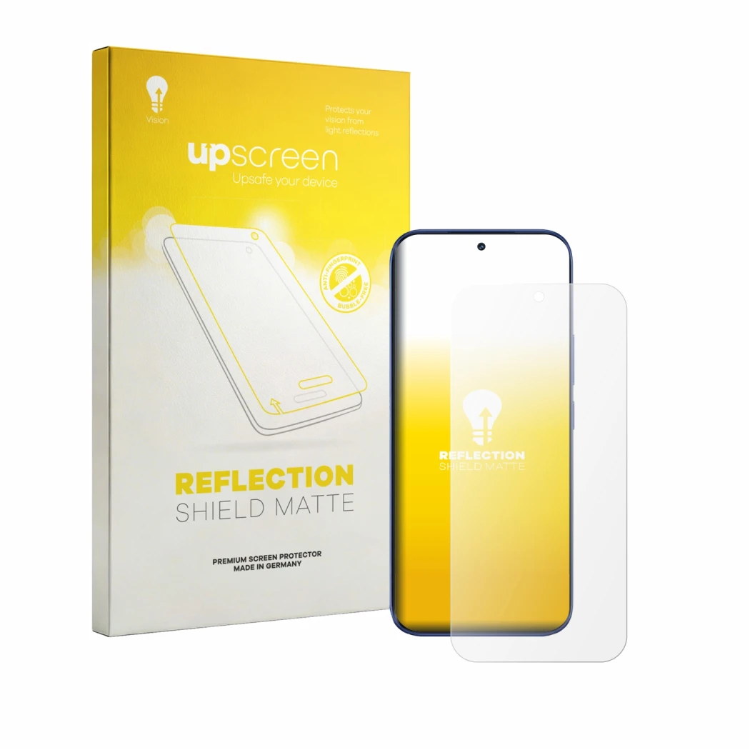 Face avant d’un emballage produit avec le logo de la marque upscreen. À côté, l’appareil Tecno Camon Slim est représenté avec